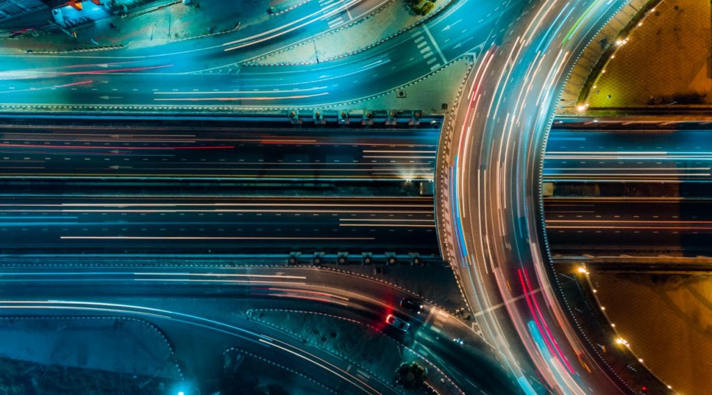 An overhead shot of busy highways