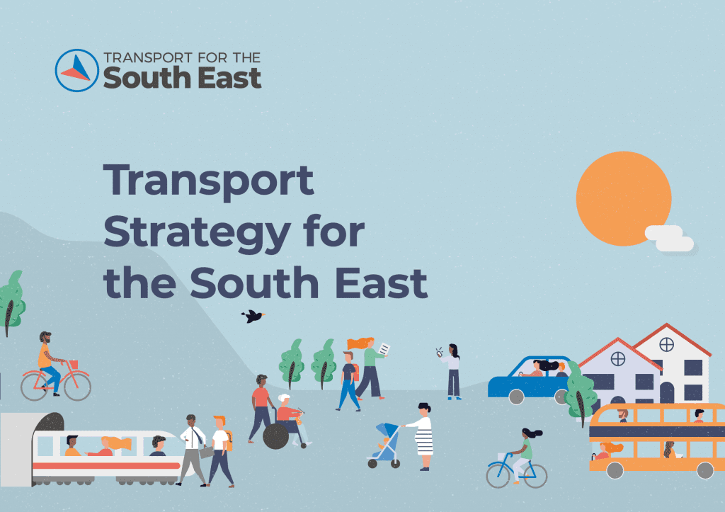 The front cover of the Transport Strategy for the South East with a cartoon scene of a busy town with lots of transport. 