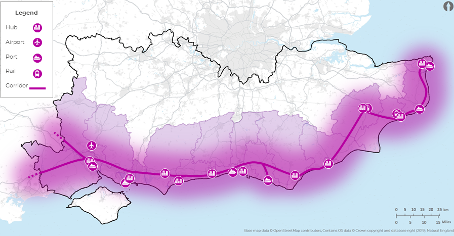 A map showing the outer orbital area of the south east