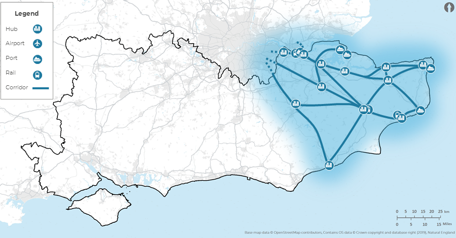 A map showing the area that connects the Channel Tunnel and the Port of Dover to London