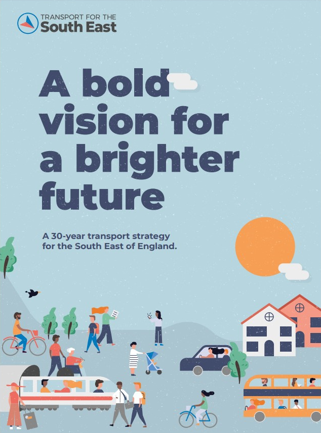 The front cover of the Transport Strategy for the South East with a cartoon scene of a busy town with lots of transport. 