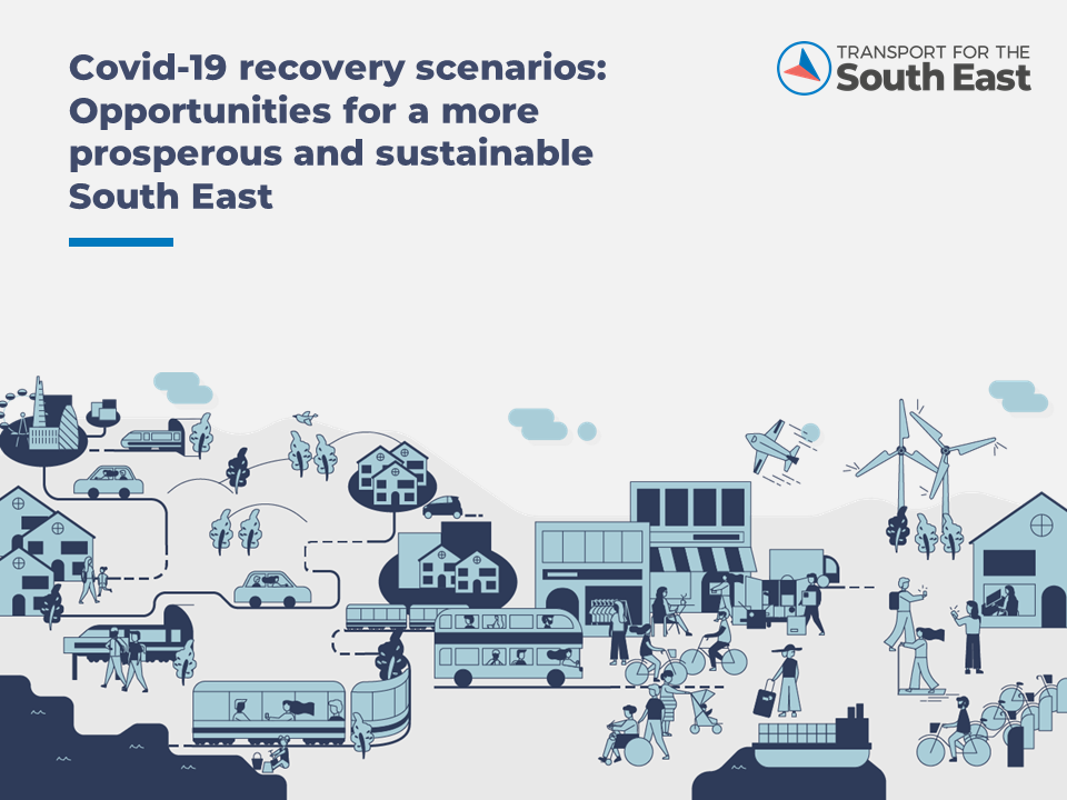 The front cover of Transport for the South East's Covid 19 recovery scenarios. A cartoon scene of a busy town with multiple modes of transport.