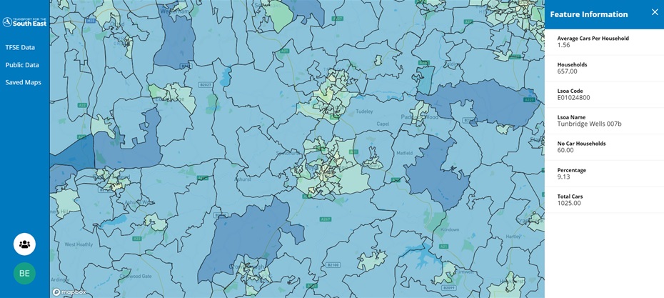 A map demonstrating car ownership in the south east region