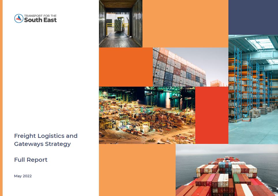 Image shoes the front cover of the TfSE freight, logistics and gateways strategy document. It has different colour blocks with images of different freight interspersed between.
